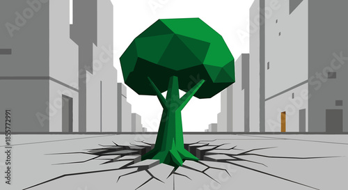 urban sustainability concept tree breaking through cracked concrete street between tall city buildings symbolizing green growth and eco resilience