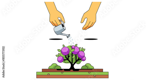 investment growth concept nurturing small plant with watering can and human hands illustration for finance savings and startup support