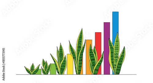 sustainable business growth chart with green plants rising among colorful bar graph columns symbolizing eco friendly finance and profit success