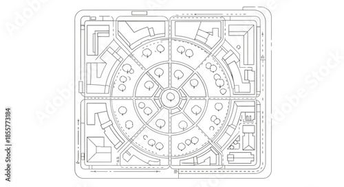urban master plan top view showing circular neighborhood layout with streets housing blocks and central park for city planning concepts