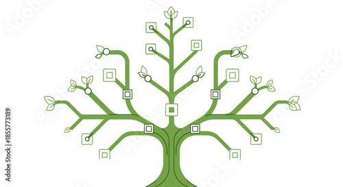 eco technology tree diagram showing green digital branches with circuit style connectors and leaves symbolizing sustainable innovation growth