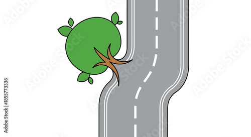 road safety concept illustration showing a curved highway bending around a green tree symbolizing environmental protection and urban planning design