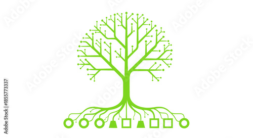 data tree infographic showing green digital network branches and roots connecting abstract icons on white background for technology concepts