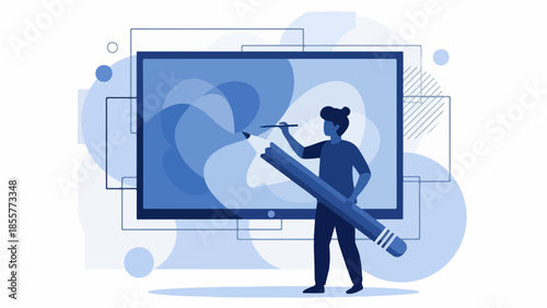 A person creating a digital artwork on a large screen with a stylus