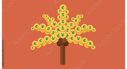 money tree investment growth concept with gold coins showing dollar euro and yen symbols on branches flat vector illustration for banking ads
