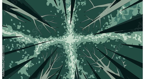 forest canopy illustration with stylized tall trees viewed from below forming a cross shape abstract nature background for eco design projects