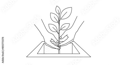 sustainable investment concept with hands planting young tree in soil minimalist line art illustration for eco finance csr and green marketing