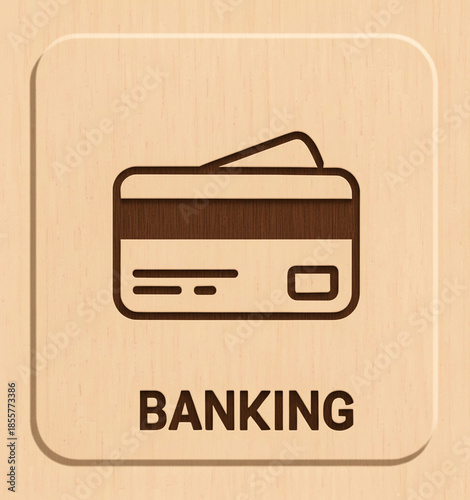 Minimalist Wooden Banking Icon with Credit Card Symbol on Wood Background for Finance and Business