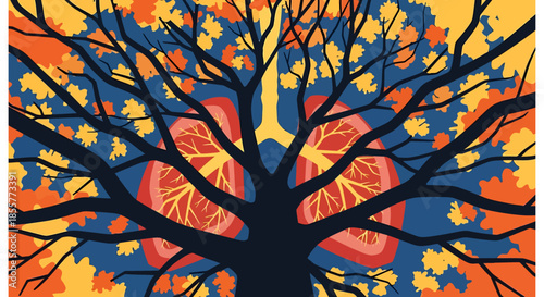 lung health tree illustration showing human lungs as autumn foliage branches concept for respiratory care environment and climate change