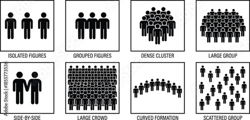 Black and white human group formation icons, social arrangement illustrations, crowd density symbols, isolated to large group vectors, infographic set