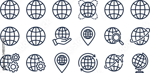 Blue globe icon set, global connectivity symbols, travel and location icons, international business and network vector pack