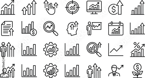 Business analytics and growth icons set, charts, arrows, finance performance, data analysis, marketing strategy concepts, line vector illustration