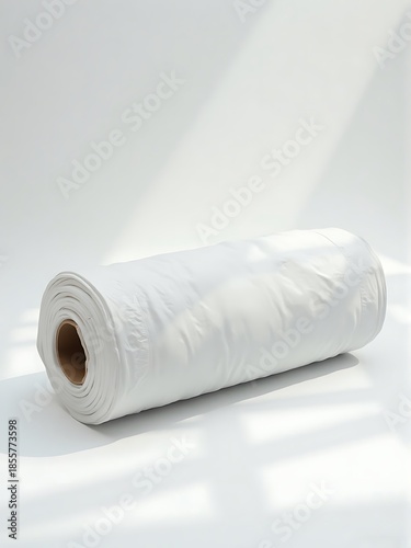White Plastic Trash Bag Roll on Bright Light Background