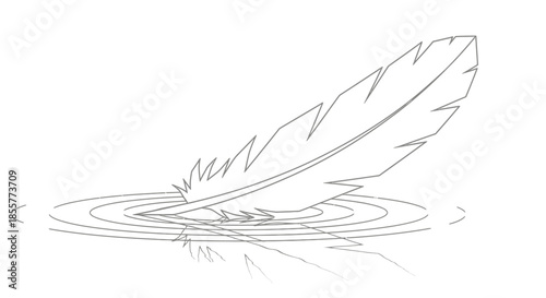 Minimalistic Line Drawing of a Feather Gliding over Calm Water with Reflection
