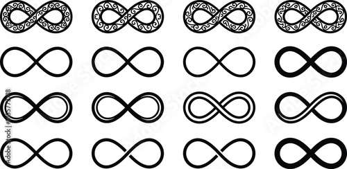 Collection of 16 stylized infinity symbols, seamless vector set, elegant loop designs, varied line weights, decorative and minimalist motifs