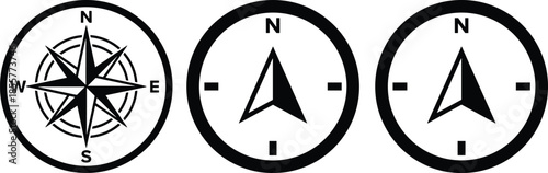 Compass navigation icons set with north direction symbols, map orientation tools, GPS guidance concept, minimalist vector illustration