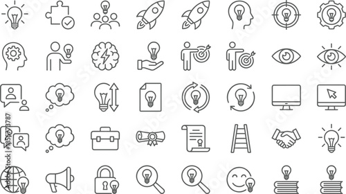 Creative idea and innovation icons set, brainstorming, startup launch, solution thinking, inspiration and strategy concepts, line vector illustration