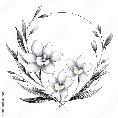 Detailed drawing of orchids and leaves in a circular design on a white background during daylight