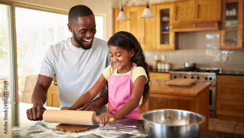 Cheerful Father & Daughter Baking Together: Family Kitchen Activity, Parent & Child Cooking Fun