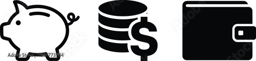 Financial savings and payment icon set, piggy bank, dollar coin stack, wallet symbols, minimal black vector illustration