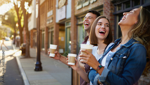 Joyful Friends Share Laughter & Coffee on Sunny Street. Young Adults Socializing.