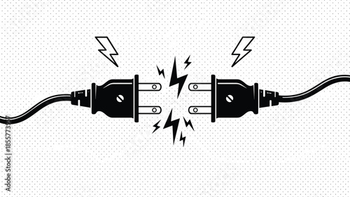 Electric power connection with sparking plugs, energy transfer, voltage surge, black and white vector illustration