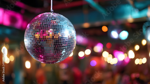 Colorful disco ball hanging at a dance venue with bright lights during a lively party night
