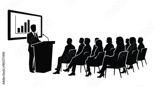 A business presentation with a speaker and audience in silhouette