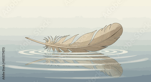 Serene illustration of a single detailed bird feather floating on calm water with gentle ripples