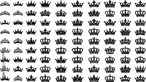 Royal crown icon set, luxury king and queen crowns, black and white heraldic symbols, vintage monarchy vector illustration