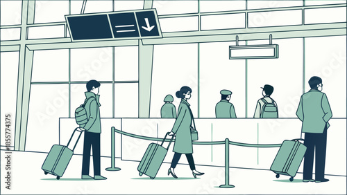 People waiting in line at airport check-in counter with luggage