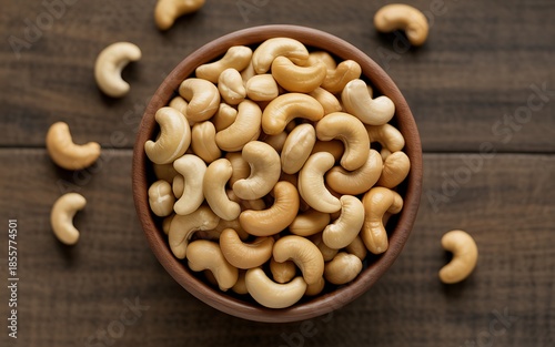 Roasted cashews in a wooden bowl on rustic table