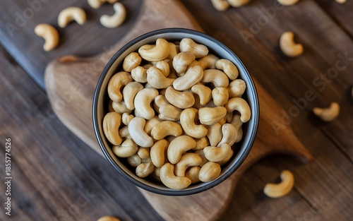 Delicious cashews in a bowl on wooden cutting board