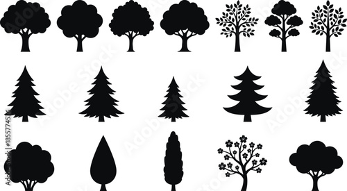 Tree silhouette icon set, forest plant shapes collection, deciduous and pine trees, nature landscape symbols, black vector illustration pack