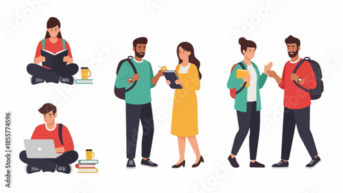 Diverse group of students studying and collaborating on educational projects together