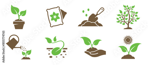 plant growing icons set green brown icons on a white