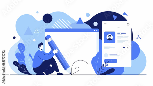 Digital profile creation with a person drawing on a large pencil and laptop screen, illustrating online identity and personal branding