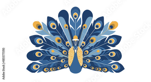 Stylized illustration of a majestic peacock with vibrant blue and gold feathers spreading out in a