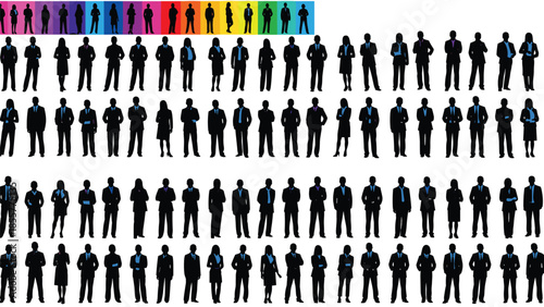 Large collection of professional business people silhouettes in suits standing and posing, isolated on white background for corporate design projects.