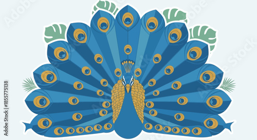 Stylized Illustration of a Peacock with Vibrant Blue and Gold Feathers Displaying Elegant Plumes