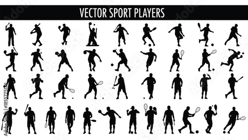 Large set of black sports player silhouettes including tennis, baseball, and cricket players in action poses, isolated on white background vector.