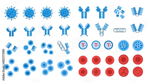 Detailed illustration of various immune system components including viruses, antibodies, T-cells, and blood cells, representing biological defense mechanisms.