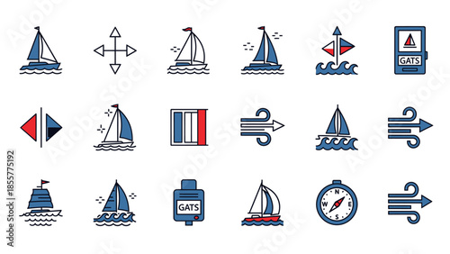 A collection of flat line icons depicting sailing, navigation, and marine activities with boats, wind, flags, and compasses.