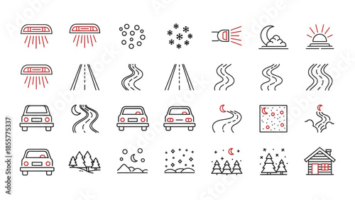 Collection of line icons depicting driving conditions, roads, cars, weather, and natural environments for navigation and travel applications.