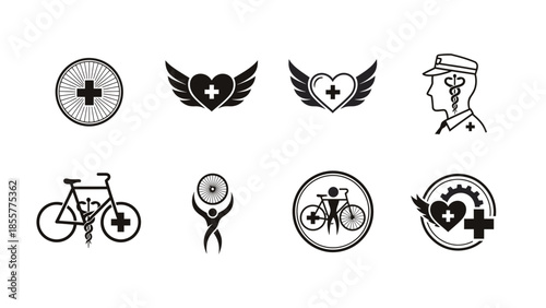 Eight black and white vector icons featuring health, medical, and active lifestyle symbols like crosses, hearts, bicycles, and human figures.