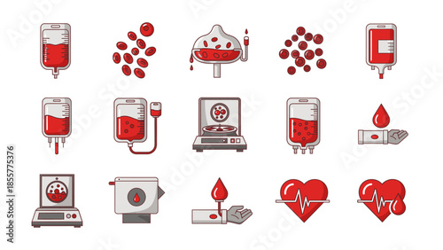 A collection of cartoon icons depicting various aspects of blood, blood donation, testing, and medical health.