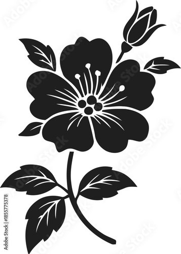 Black Silhouette of a Wild Rose Flower with Leaves and a Bud on a White Background