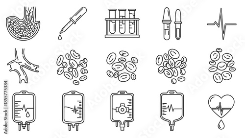 Line art icons depicting blood, medical tests, and circulatory system elements.