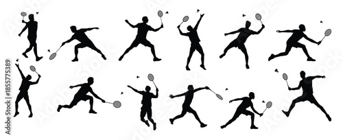 set of badminton player silhouettes in various action poses 