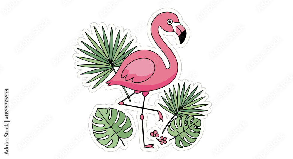 Obraz premium Stylized Pink Flamingo Illustration Surrounded by Tropical Foliage for Decorative Use